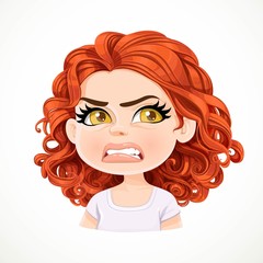 Beautiful unkind cartoon brunette girl with dark red hair portrait isolated on white background