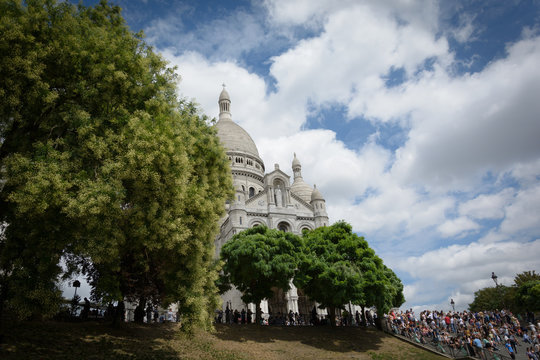 sacre-coeur limestone Cathedral montmarte , paris,france during sunnyday with green conopy