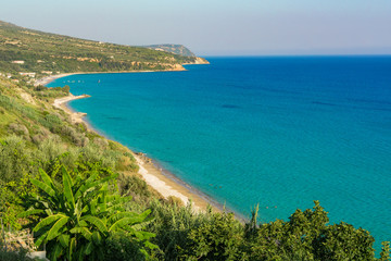 Kanali beach near Lourdata village in Kefalonia Greece. A long, beautiful, quiet and secluded beach with turquoise sea waters