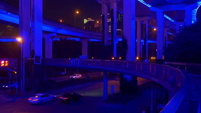 night illuminated shanghai city traffic street road junction panorama 4k china

