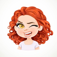 Beautiful cheerily wink cartoon brunette girl with dark red curled hair portrait isolated on white background