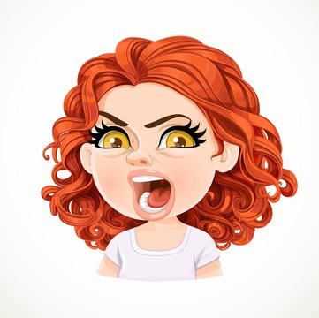 Beautiful Angry Aggressive Cartoon Brunette Girl With Dark Red Hair Portrait Isolated On White Background