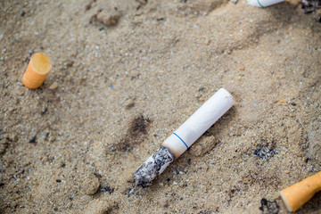 Sand tray for smoking cigarette in smoking area. no smoking campaign.Cigarette butts. Smoking is bad for your health.
