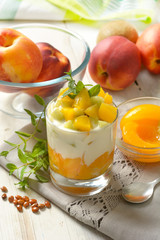 dessert with peaches in syrup, kiwi and yogurt
