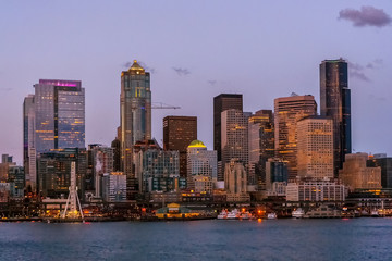 Seattle Skyline by night from the Elliot Bay, Puget Sound, Washington state, USA.