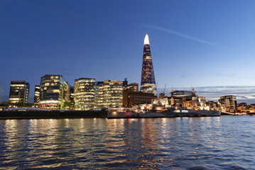 Twilight London River Thames scene from a boat journey along the river