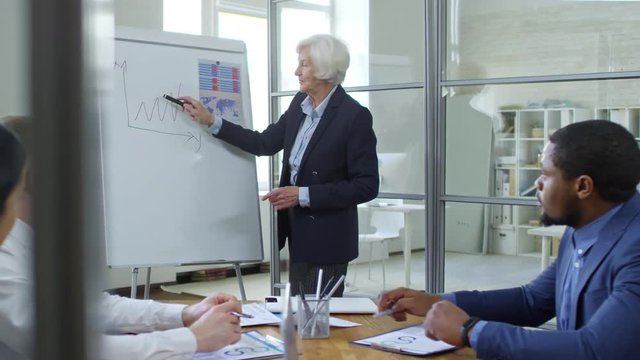 Senior woman standing at whiteboard and explaining recent statistics to group of multiethnic colleagues during meeting in office