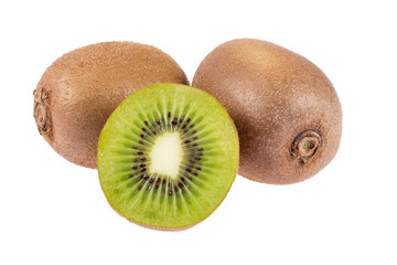 Two whole and one half ripe and fresh Kiwi fruit isolated on white background