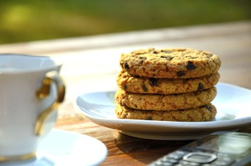 Oatmeal cookies with coffee on a summer morning.