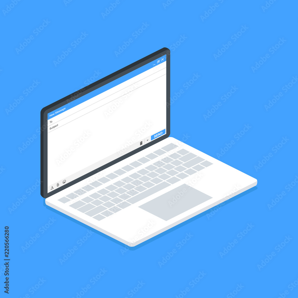 Poster isometric laptop email message blank window of e-mail, template. e-mail blank template internet mail
