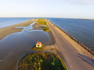 Aerial view famous Texas City Dike, a levee that projects nearly 5miles south-east into mouth of...
