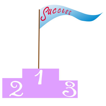 Conceptual vector image of success. On the podium  with the number 1 is a flag with the inscription Success