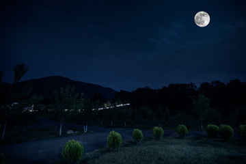 Mountain Road through the forest on a full moon night. Scenic night landscape of dark blue sky with moon. Azerbaijan