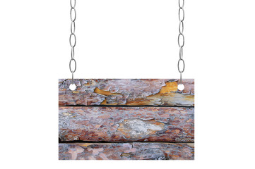 A wooden tablet hangs on a metal chain. White isolate.