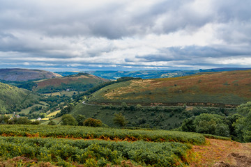 Scenic landscape view of the mountains at the Horseshoe Pass in Wales