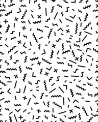 Abstract geometric background, memphis style, seamless vector pattern of different line