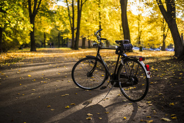 Bicycle on the street of Riga, Latvia, on a sunny autumn day