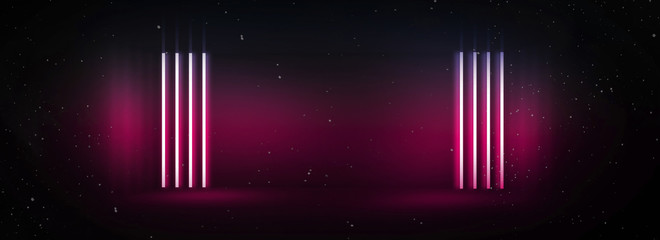 BackgroundBackground of an empty black corridor with neon light. Abstract background with lines and glow of an empty dark room. Empty walls, lights, smoke, glow, rays