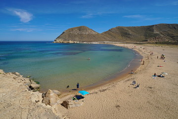 Sandy beach in the Cabo de Gata-Nijar natural park, Playa El Playazo, Mediterranean sea, Almeria,...