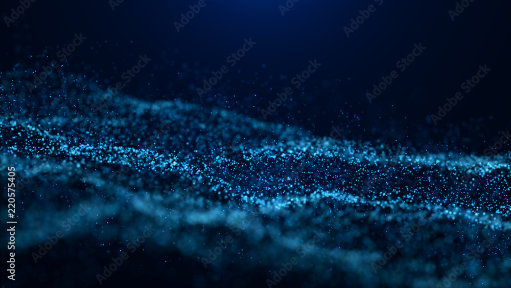 Poster Wave of particles. Abstract particle. Data visualization. Abstract digital background. 4k rendering.