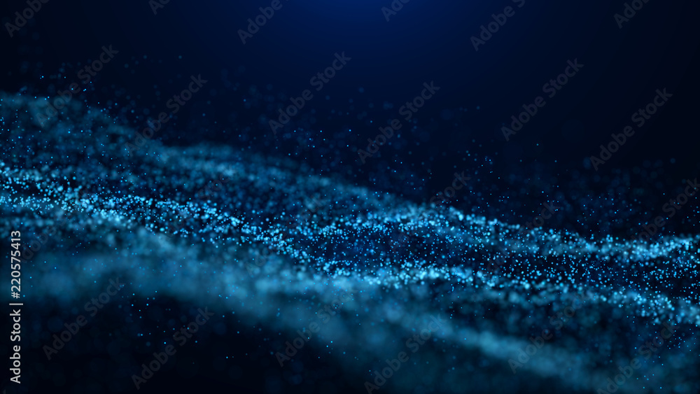 Poster Wave of particles. Abstract particle. Data visualization. Abstract digital background. 4k rendering.