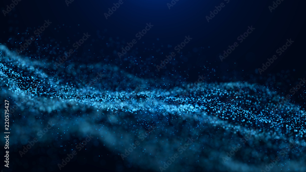 Poster Wave of particles. Abstract particle. Data visualization. Abstract digital background. 4k rendering.