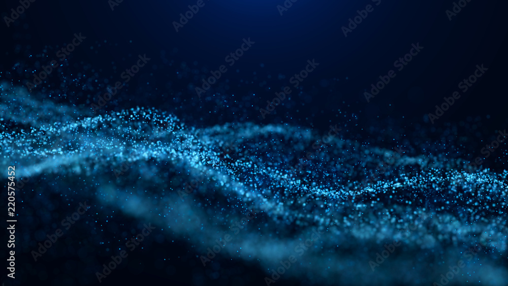 Poster Wave of particles. Abstract particle. Data visualization. Abstract digital background. 4k rendering.