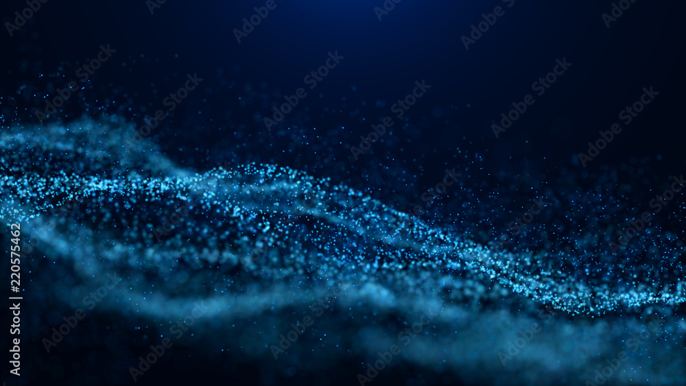 Poster Wave of particles. Abstract particle. Data visualization. Abstract digital background. 4k rendering.