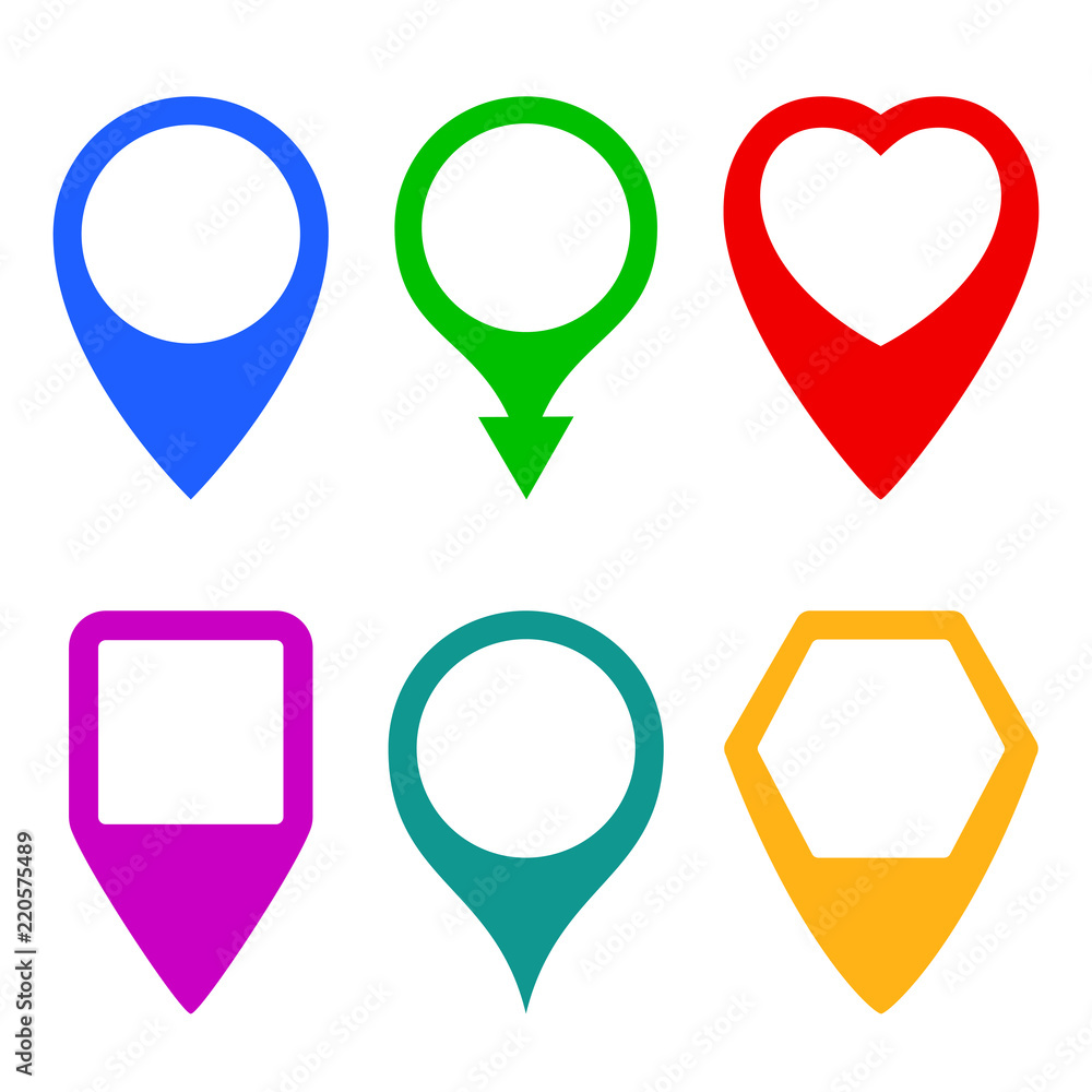 Poster Pin map marker pointer icons set, GPS location flat symbol – vector