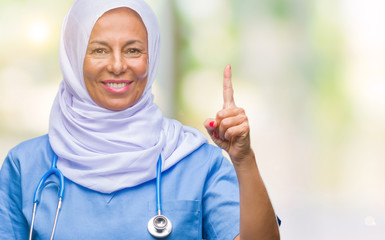 Middle age senior arab nurse woman wearing hijab over isolated background pointing finger up with successful idea. Exited and happy. Number one.