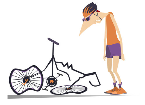 Cyclist and a broken bike isolated illustration. Sad cyclist standing near a broken bike with downcast head and hands isolated on white illustration
