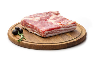 Piece of smoled pork meat over white, with paths