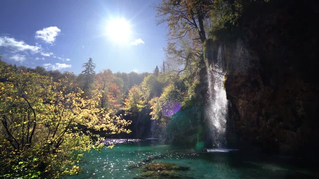 autumn waterfall in forest Plitvice Lakes National Park, Croatia