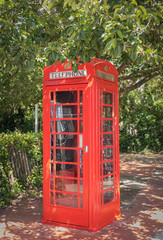 Classical red telephone booth in English trees