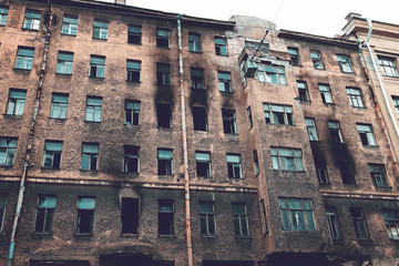 Broken burned building