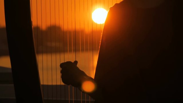Close up shot - woman hands playing harp on city embankment at sunset. Music, leisure and culture concept