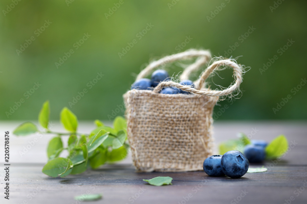 Wall mural Fresh ripe sweep tasty blueberries outdoors on wood