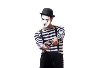 Mime with joystick isolated on white background 