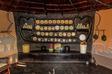 Little village kitchen traditional hut, pottery and dishes, Matopos, Zimbabwe