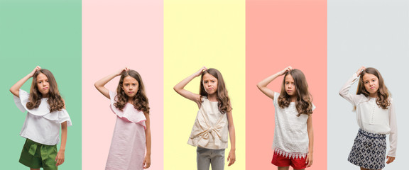 Collage of brunette hispanic girl wearing different outfits confuse and wonder about question. Uncertain with doubt, thinking with hand on head. Pensive concept.