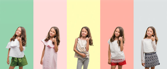 Collage of brunette hispanic girl wearing different outfits doing happy thumbs up gesture with hand. Approving expression looking at the camera with showing success.