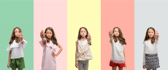 Collage of brunette hispanic girl wearing different outfits doing stop sing with palm of the hand. Warning expression with negative and serious gesture on the face.