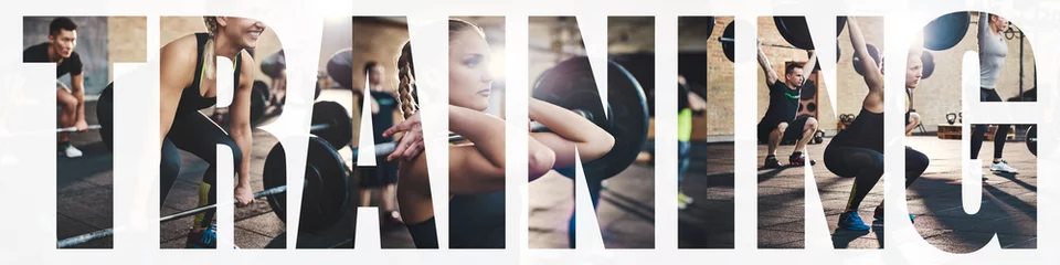 Fotobehang Collage van een vrouw die krachttraining doet in de sportschool © Flamingo Images