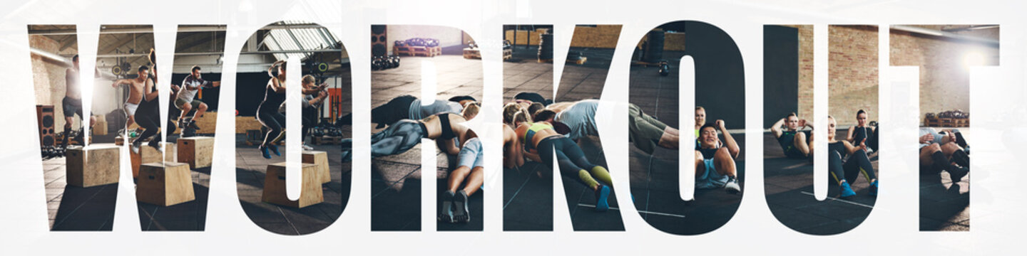 Collage of fit people exercising together in a gym workout