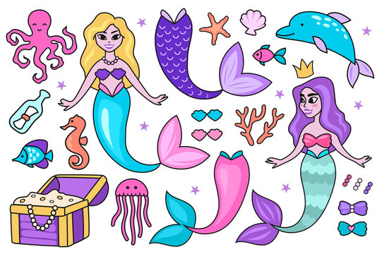 set of cartoon underwater characters. mermaid, dolphin, starfish, fish. treasure chest. vector illustration. Mermaid's tail. 