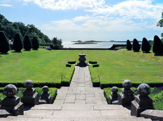 Tjoloholm Castle with its wonderful garden towards the sea of the West Coast of Sweden. Many visit of tourists here during summer (West of Sweden).