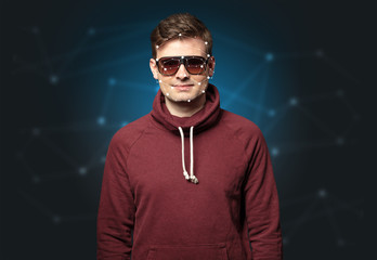 Face recognition with mesh. Cyber security concept. 