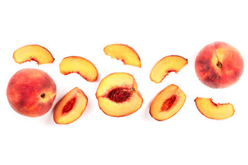 ripe peaches isolated on white background. Top view. Flat lay pattern