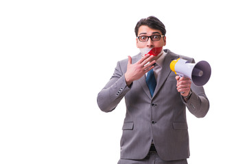 Funny businessman with loudspeaker isolated on white