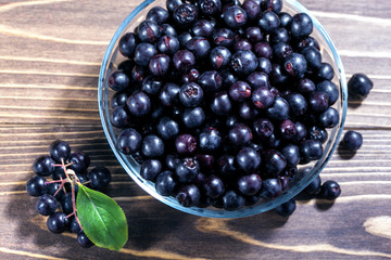 Aronia melanocarpa or black chokeberry in glass bowl on wooden table. Top view.
